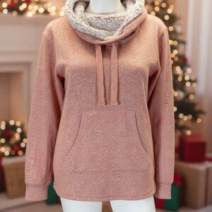Sherpa Lined Cowl Neck Hoodie Ultra Flirt Size M Peach Pink Soft Knit Cozy